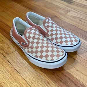 Pink and white checkered slip on vans